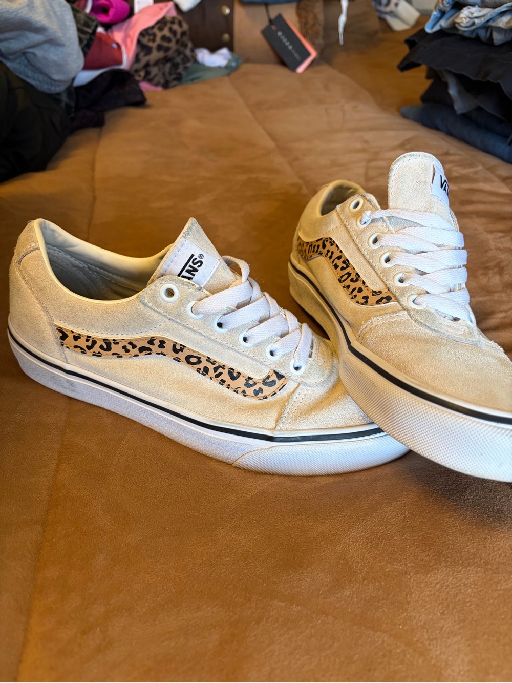 Vans Women's Tan Suede Old Skool Sneakers with Leopard Stripe